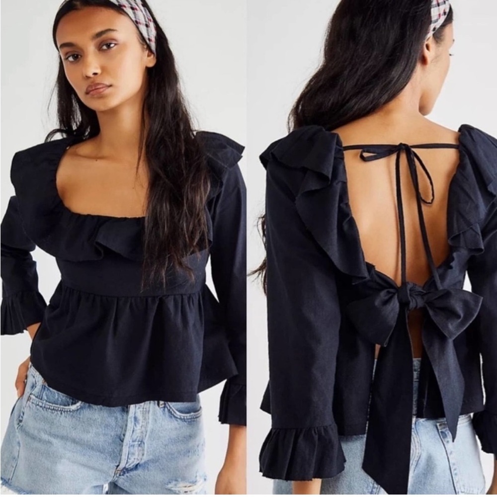 FREE PEOPLE Tulla Black Babydoll‎ Blouse Sz S ruffle tie bow back